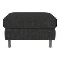 Black textured ottoman with a modern design, featuring a sleek gray metal base. Perfect for any contemporary space.