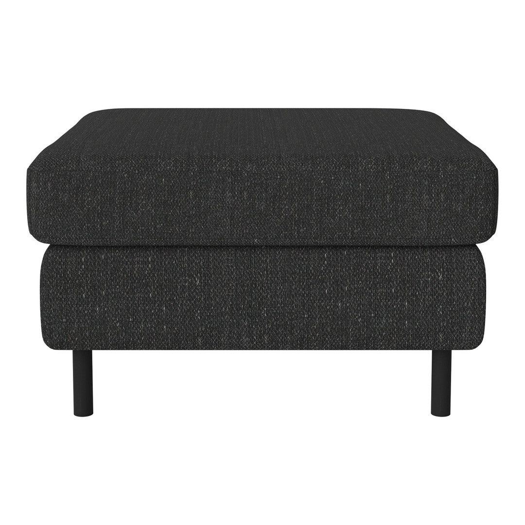 Stylish black ottoman with a textured pattern, featuring a modern design and sturdy black legs.