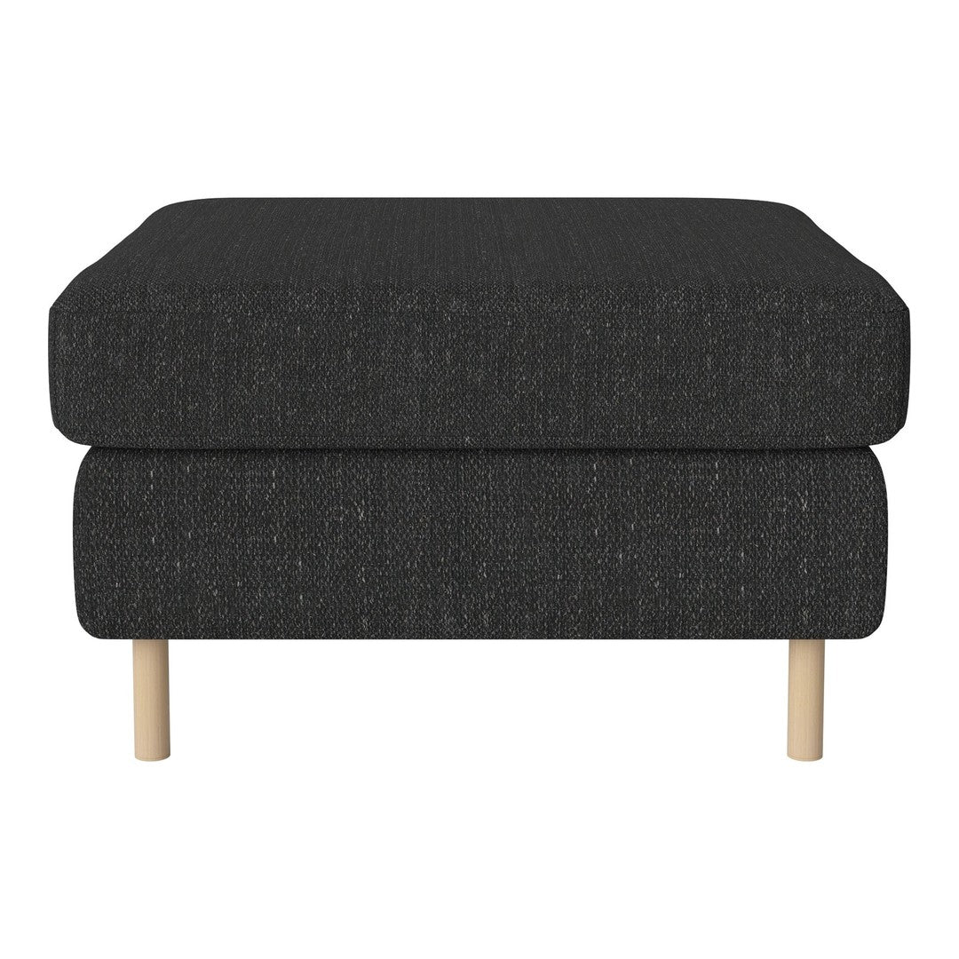 Dark gray upholstered ottoman with a textured pattern and light wood legs, perfect for modern decor.