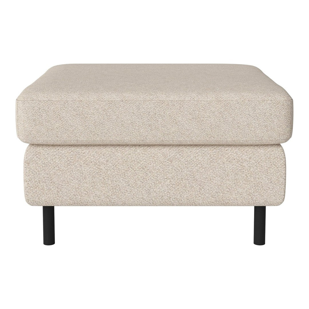 Beige upholstered ottoman with subtle texture and black legs. Perfect for modern and minimalist decor.