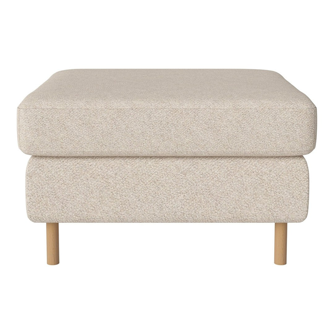 Cream-colored ottoman with a textured fabric pattern, featuring wooden legs for a modern touch.