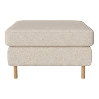 Cream-colored ottoman with a textured fabric pattern, featuring wooden legs for a modern touch.
