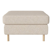 Beige textured fabric ottoman with a minimalist design and light wooden legs, perfect for modern decor.