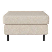 Beige upholstered ottoman with a textured finish and black legs, perfect for modern living spaces.