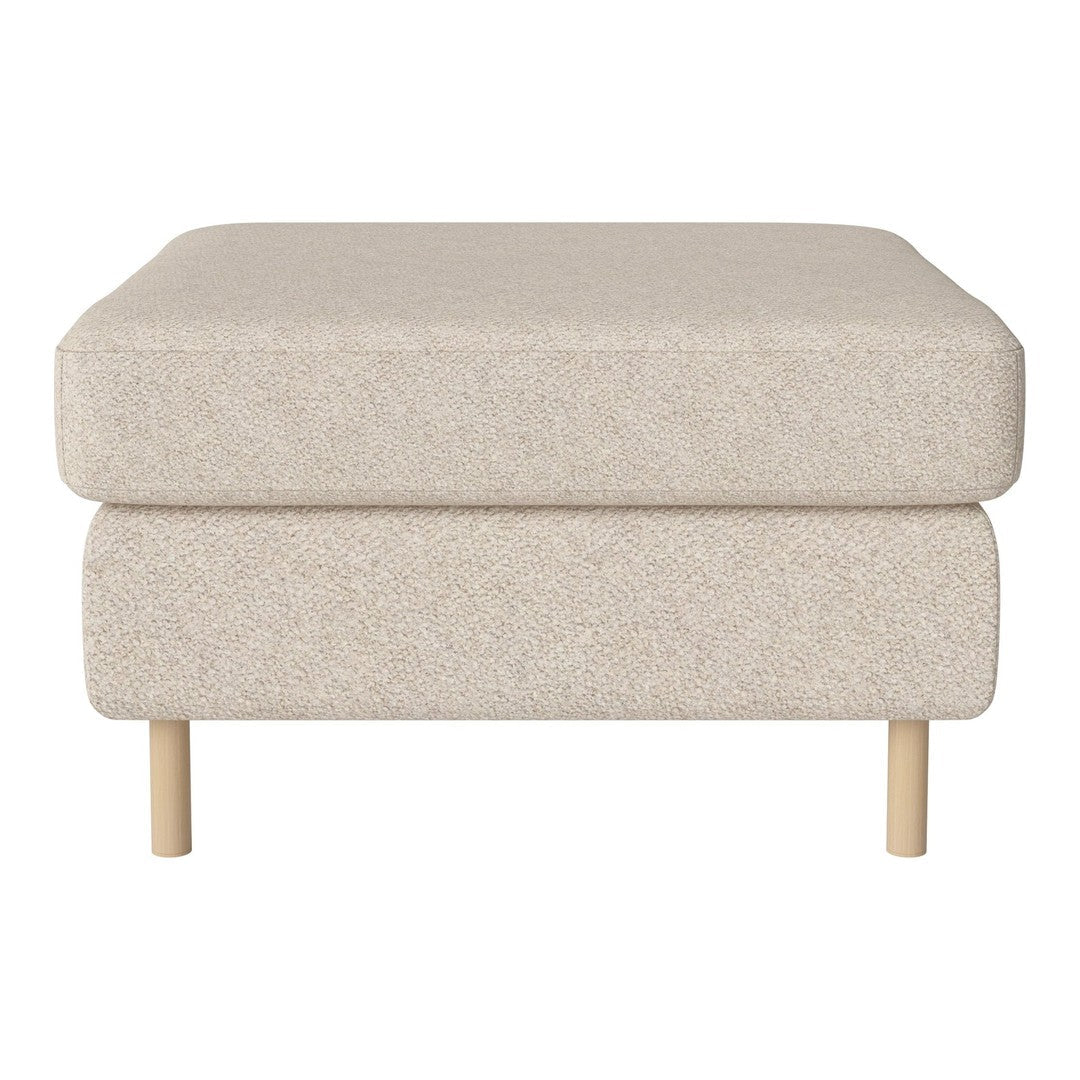 Beige textured ottoman with a soft surface and light wooden legs. Simple, modern design ideal for any decor.