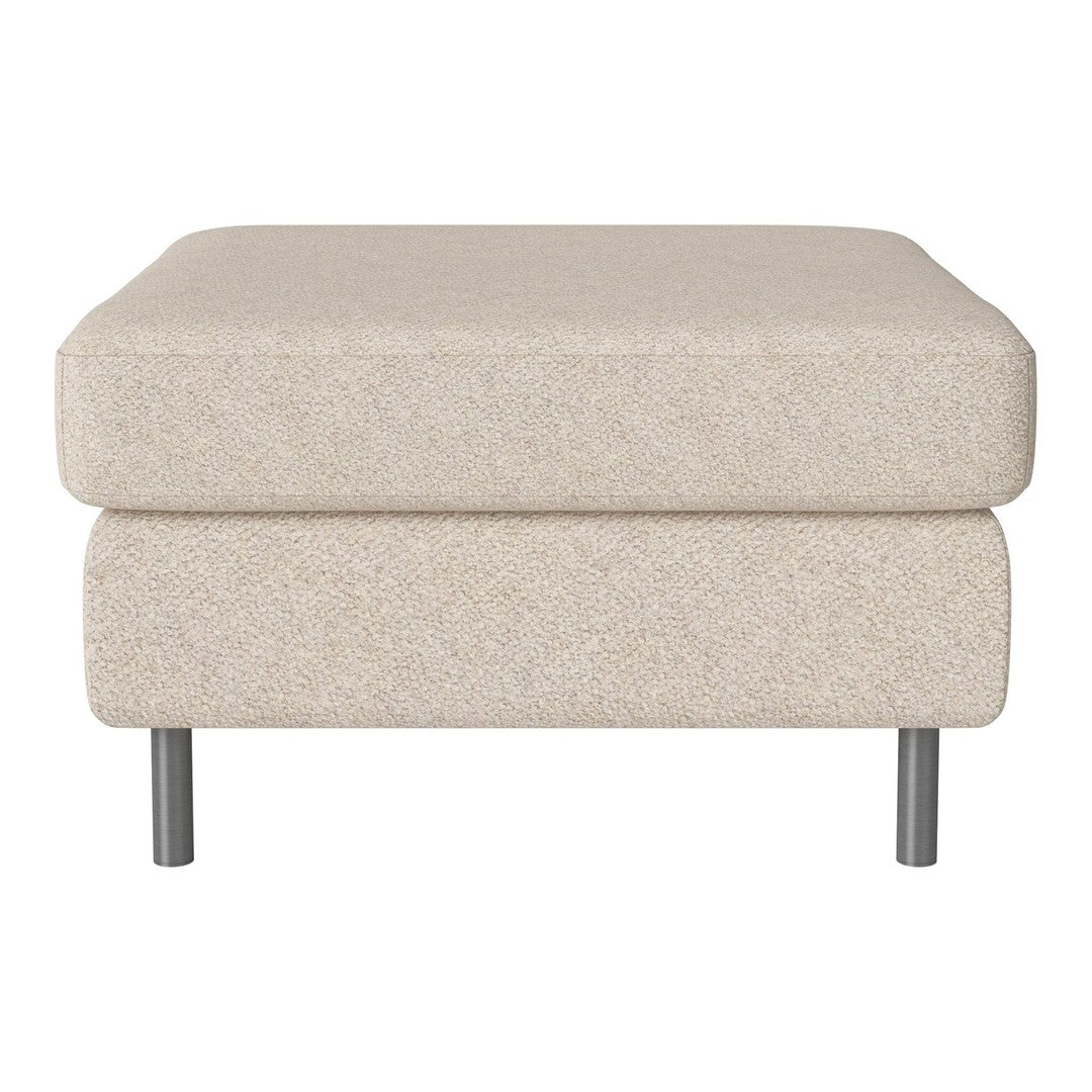 Beige upholstered ottoman with a subtle textured pattern and sleek metal legs. Perfect for minimalist decor.