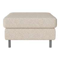 Beige upholstered ottoman with a subtle textured pattern and sleek metal legs. Perfect for minimalist decor.