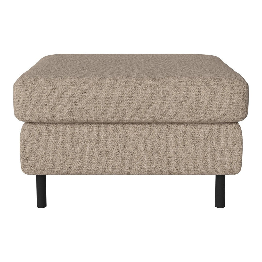 Beige fabric ottoman with a textured pattern and black metal legs for a modern look.