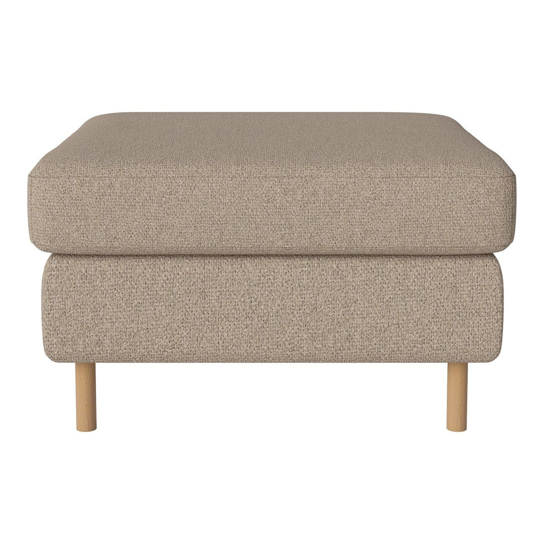 Beige upholstered ottoman with textured fabric and wooden legs, offering a stylish and modern look.