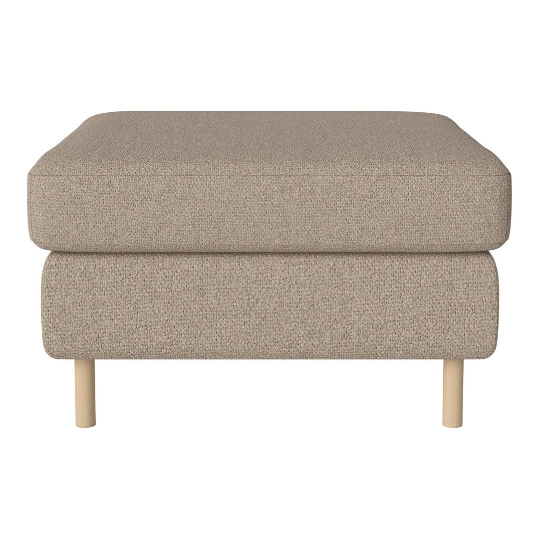 Beige upholstered ottoman with a textured pattern and light wood legs, perfect for modern home decor.