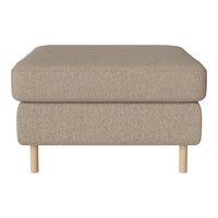 Beige upholstered ottoman with a smooth texture and natural wooden legs, perfect for modern decor.