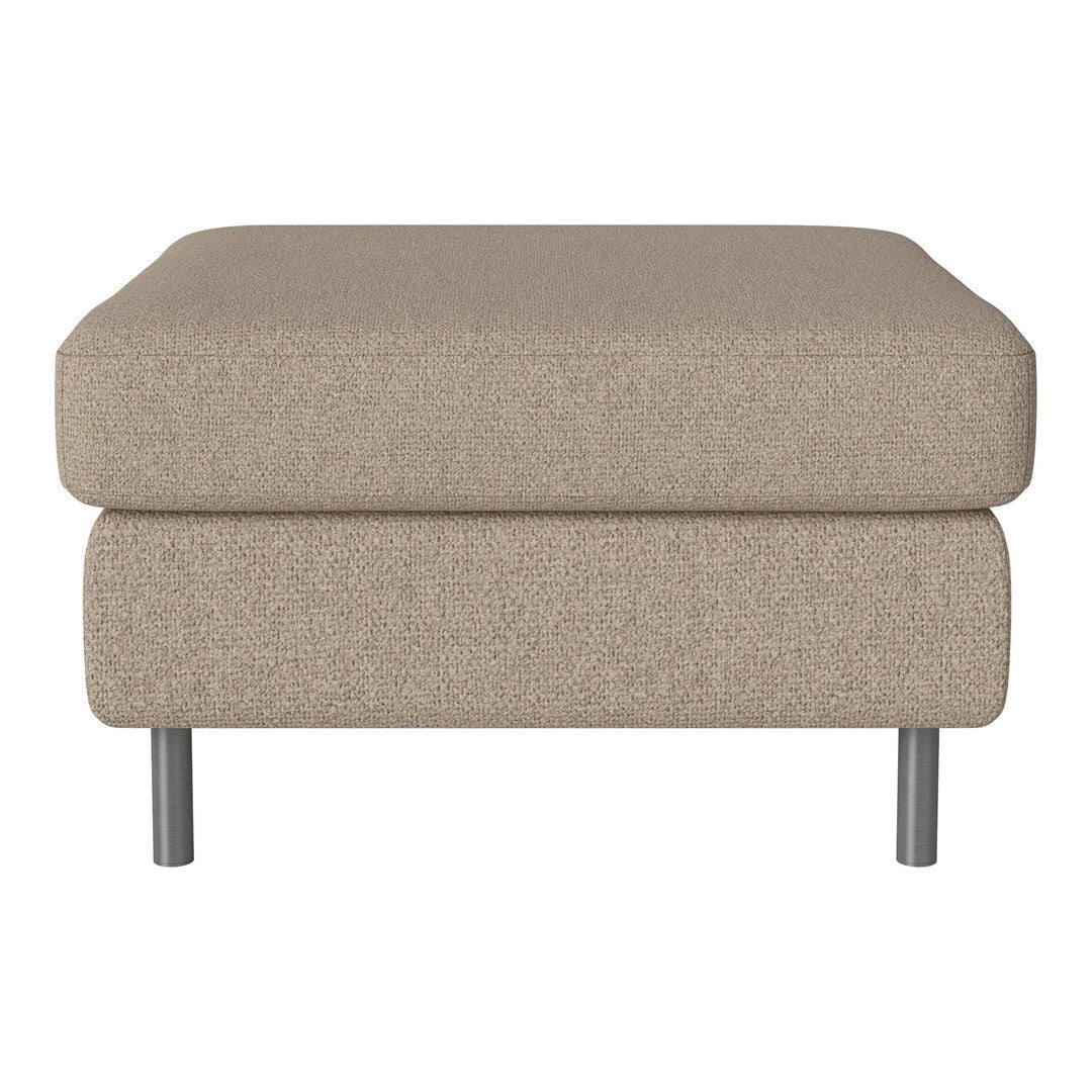 Beige upholstered ottoman with a smooth texture and minimalist design, featuring sleek metal legs.