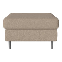 Beige upholstered ottoman with a smooth texture and minimalist design, featuring sleek metal legs.
