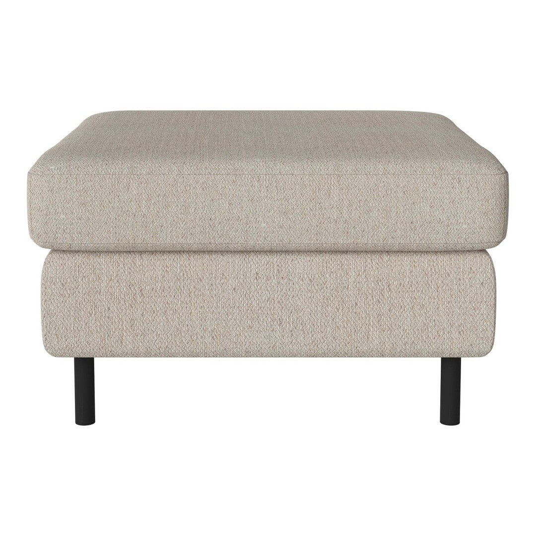 Beige fabric ottoman with subtle texture and black metal legs, perfect for modern living spaces.