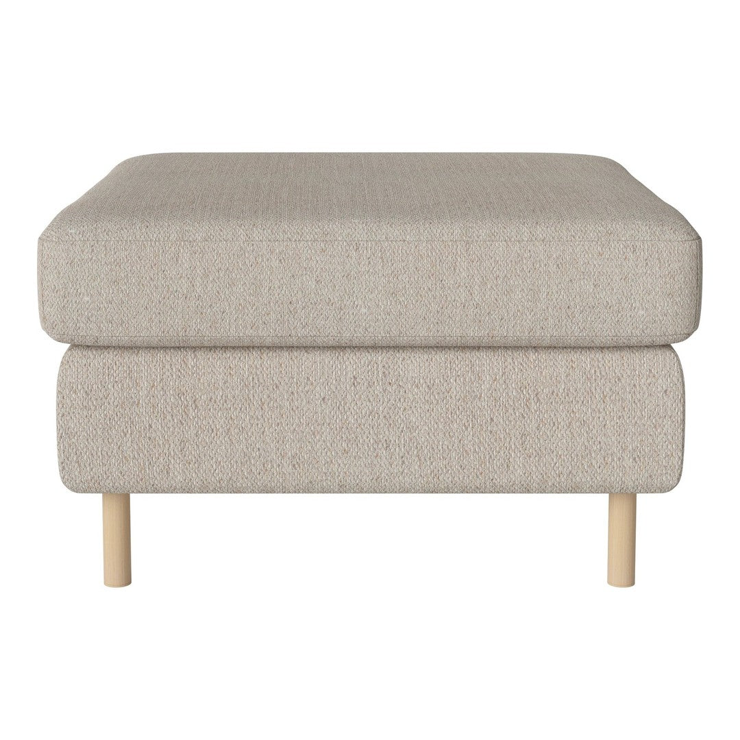 Light beige ottoman with a textured fabric and natural wooden legs, perfect for modern decor.
