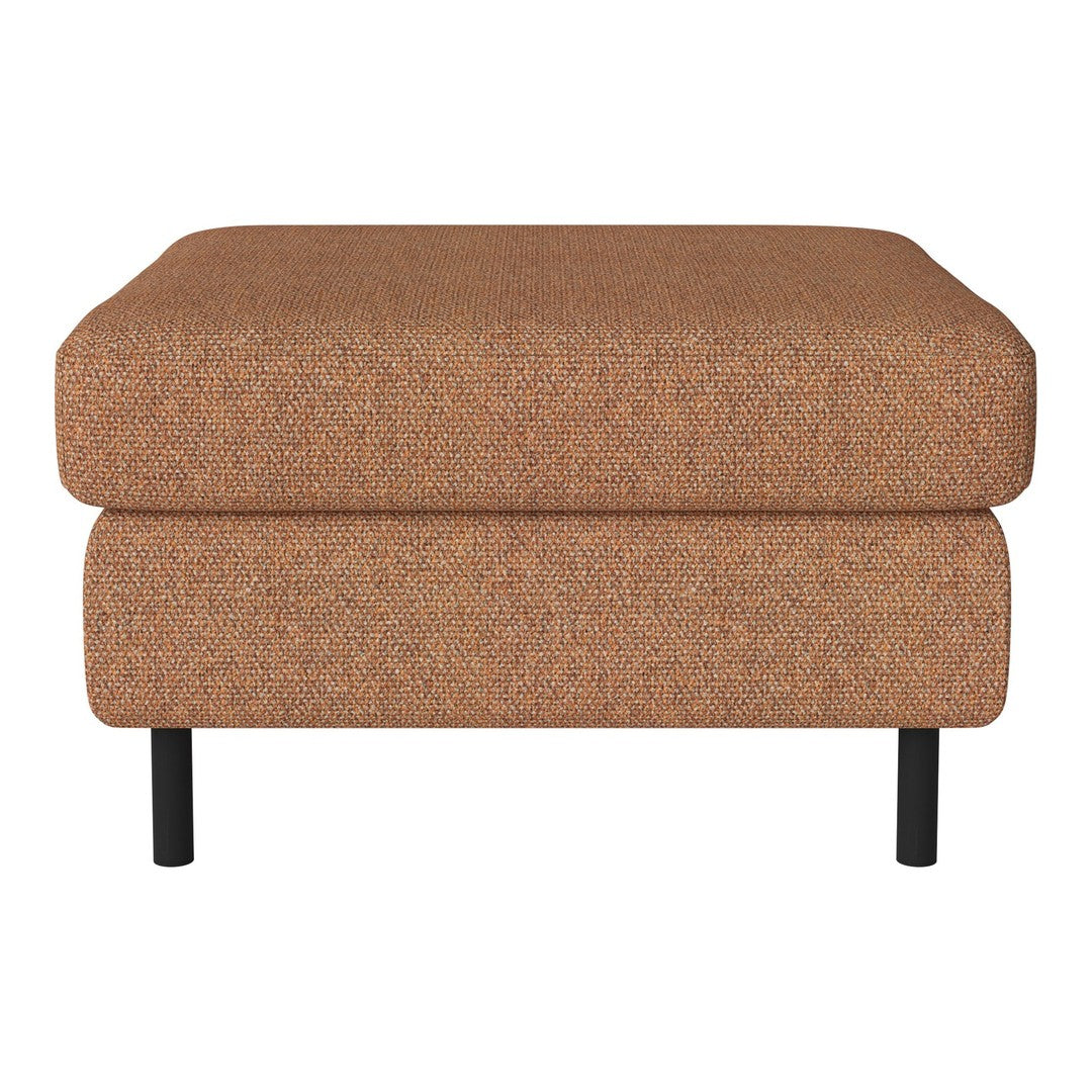 Square ottoman in warm brown fabric with subtle texture and black metal legs, perfect for modern decor.