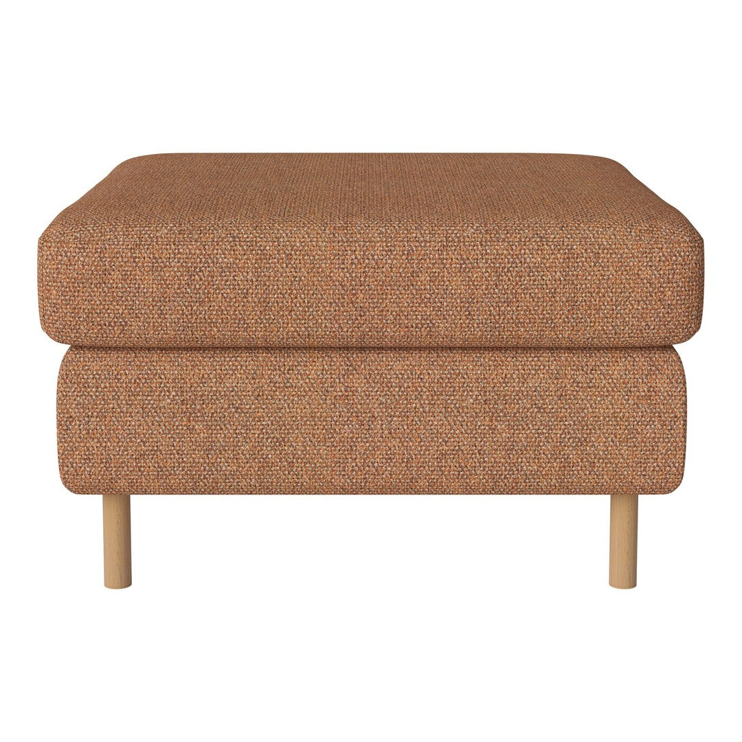 Brown textured ottoman with a smooth fabric finish and light wooden legs. Perfect for modern decor.
