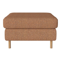 Brown textured ottoman with a smooth fabric finish and light wooden legs. Perfect for modern decor.