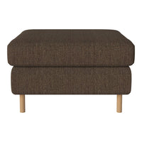 Brown upholstered ottoman with a textured fabric and light wooden legs, perfect for cozy living spaces.