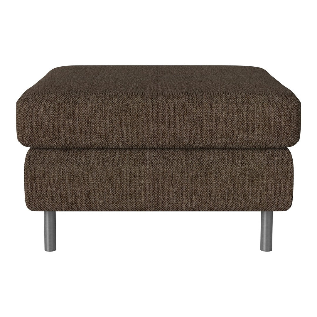 Brown upholstered ottoman with a textured fabric, featuring a modern design and silver legs. Perfect for any decor.