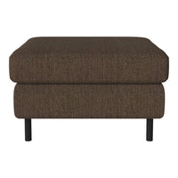 Brown upholstered ottoman with a textured pattern and black metal legs, perfect for modern decor.