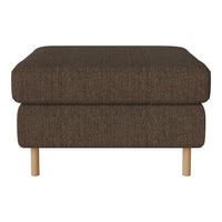 Brown textured ottoman with a simple design and light wooden legs. Ideal for modern living spaces.
