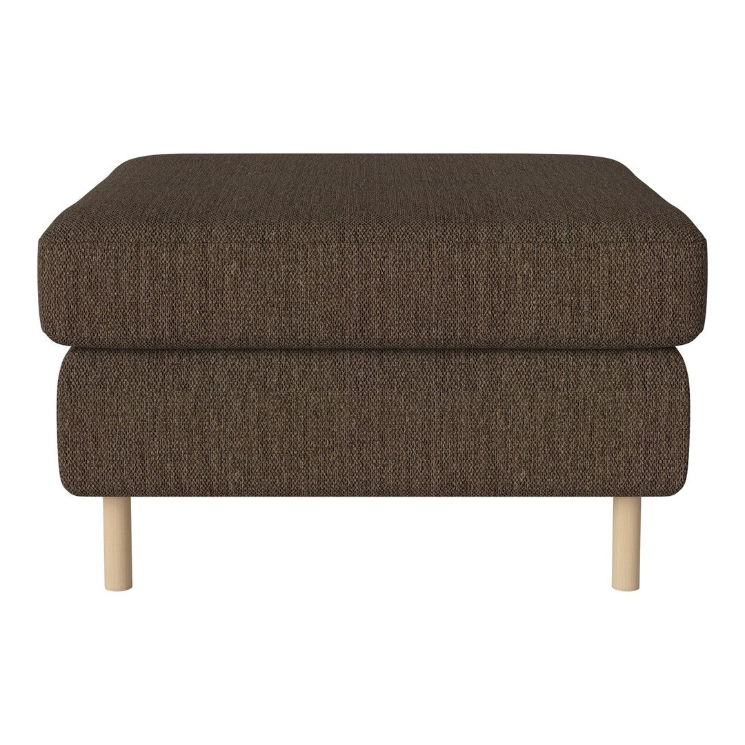 Brown upholstered ottoman with a textured fabric pattern and light wood legs. Perfect for modern interior decor.