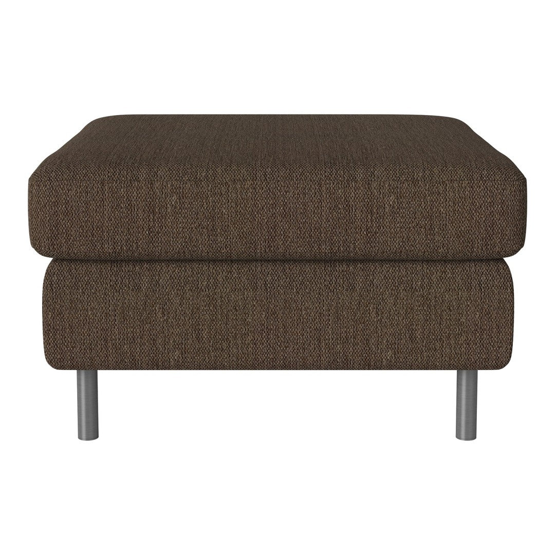 Brown textured ottoman with a simple rectangular design and sleek silver legs. Ideal for modern interiors.