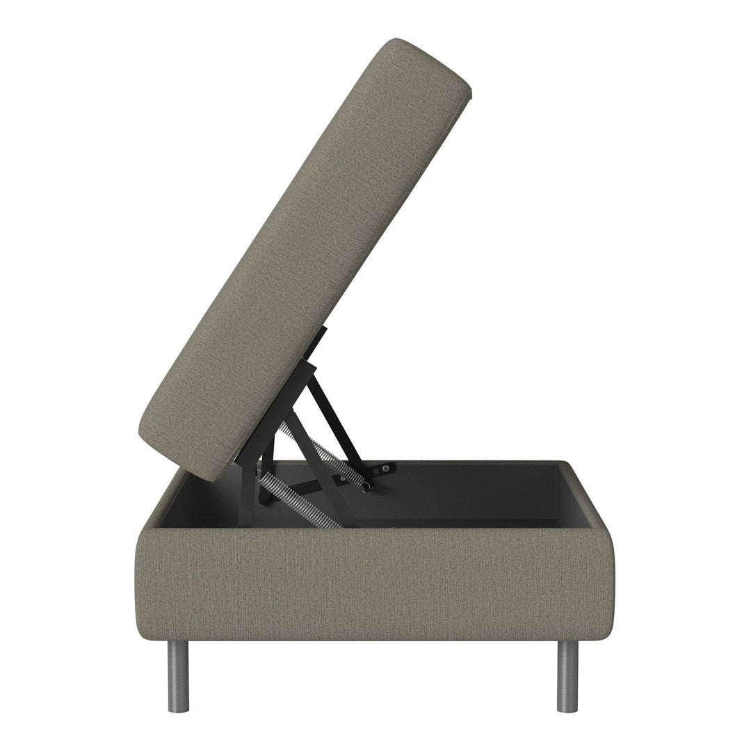 Gray upholstered storage bed with a sleek modern design and minimalistic pattern. Adjustable lift feature shown.
