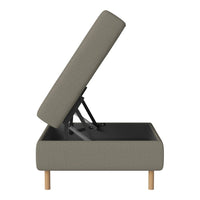 Gray upholstered storage ottoman with a lift-top and natural wood legs. Textured fabric adds subtle elegance.