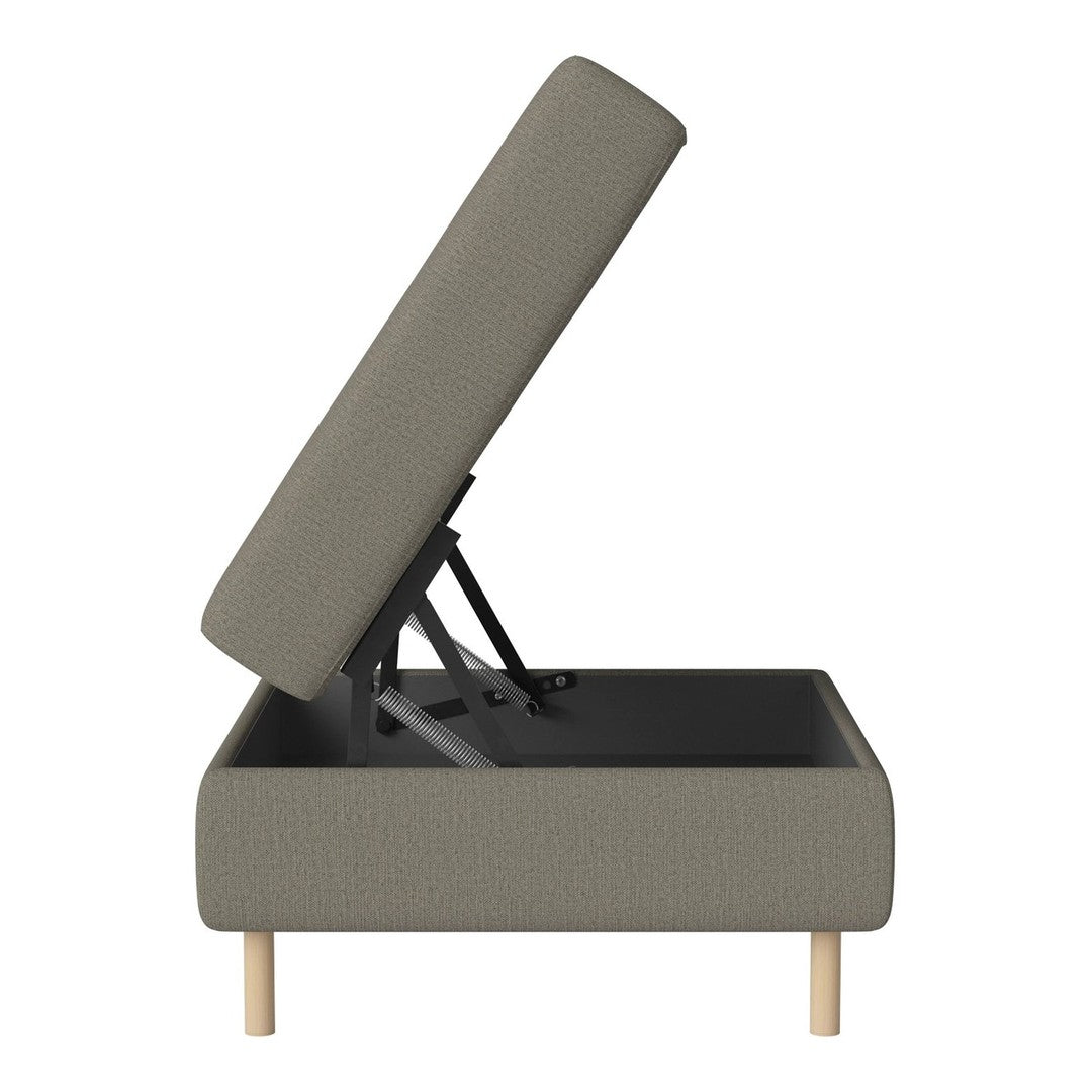 Gray upholstered storage bed with a clean, textured pattern and light wooden legs. Stylish and functional design.