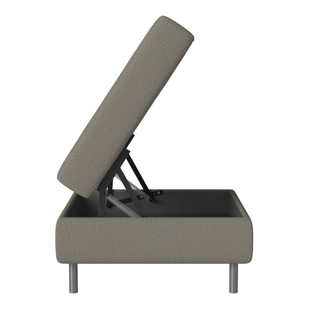 Gray upholstered storage ottoman with a textured pattern and sleek metal legs.
