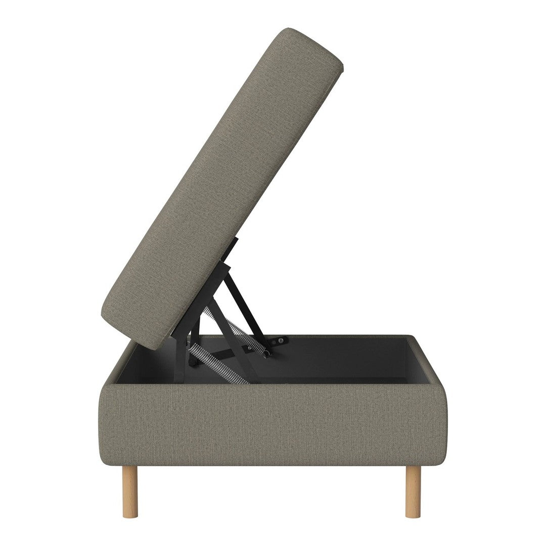 Gray upholstered storage ottoman with a simple design and natural wooden legs, featuring a hinged top for easy access.