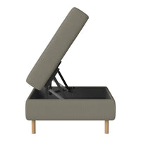 Gray upholstered storage ottoman with a simple design and natural wooden legs, featuring a hinged top for easy access.
