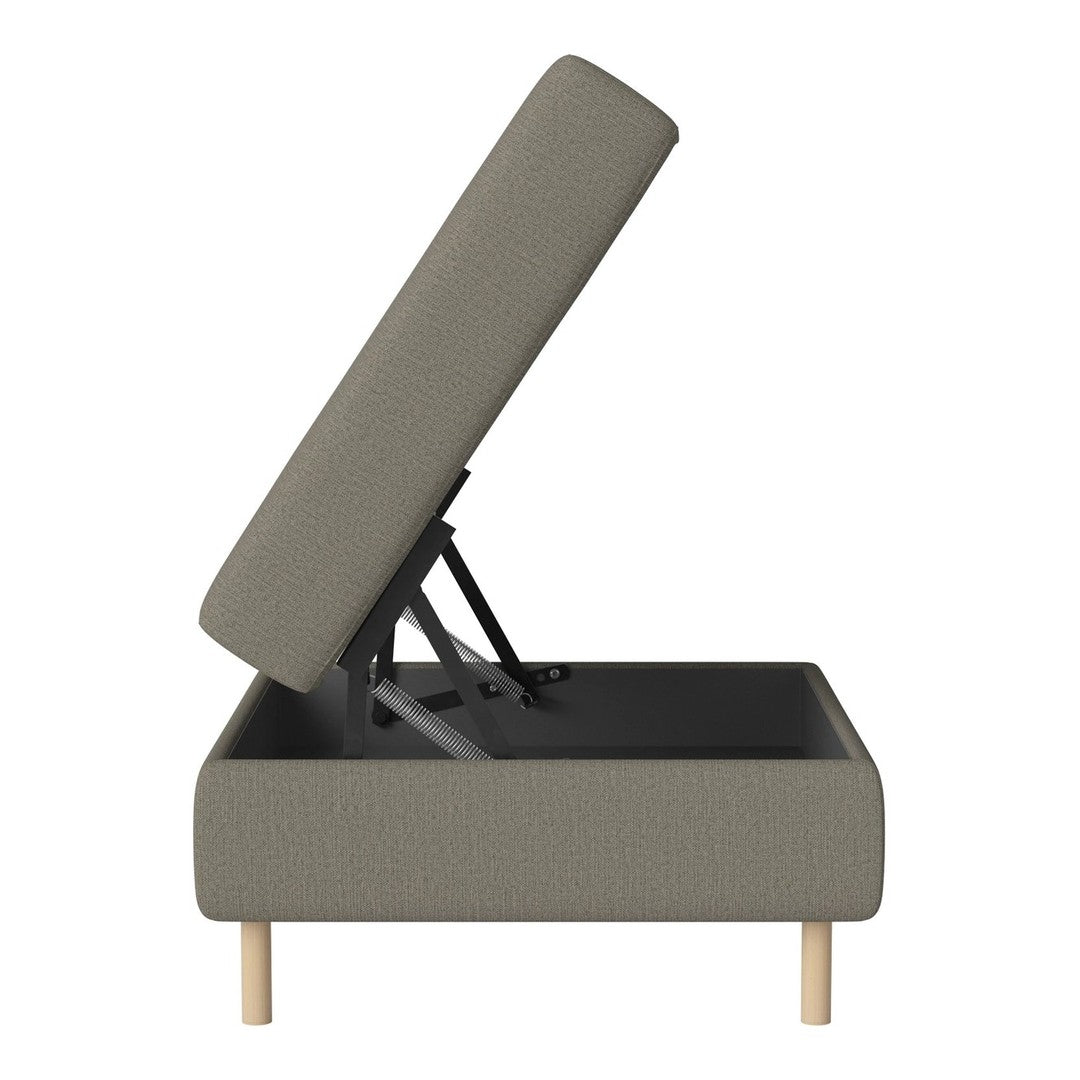 Green upholstered storage bed with a modern design and light wooden legs, featuring a simple, textured fabric pattern.