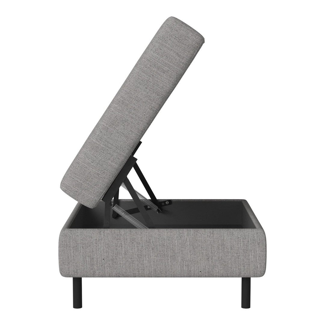 Gray upholstered storage bed with a simple, modern design and a clean, minimalist aesthetic.