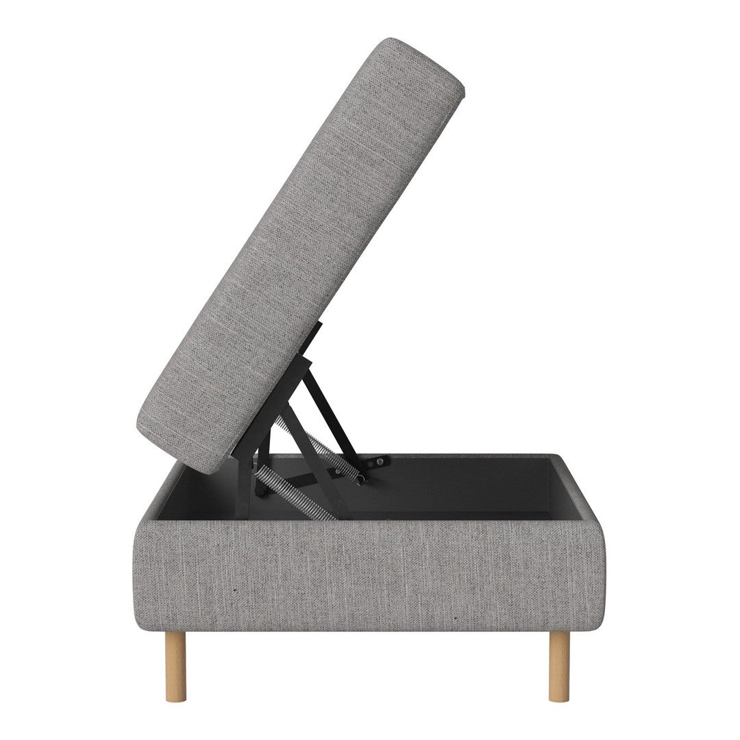Gray upholstered ottoman with a modern design, featuring light wooden legs and a textured fabric pattern.