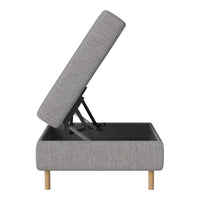 Gray upholstered ottoman with a modern design, featuring light wooden legs and a textured fabric pattern.