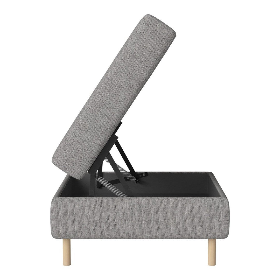 Gray upholstered storage bed with a textured fabric and natural wooden legs. Modern and sleek design for any decor.