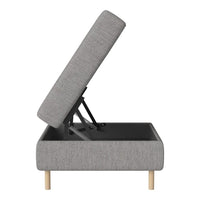 Gray upholstered storage bed with a textured fabric and natural wooden legs. Modern and sleek design for any decor.