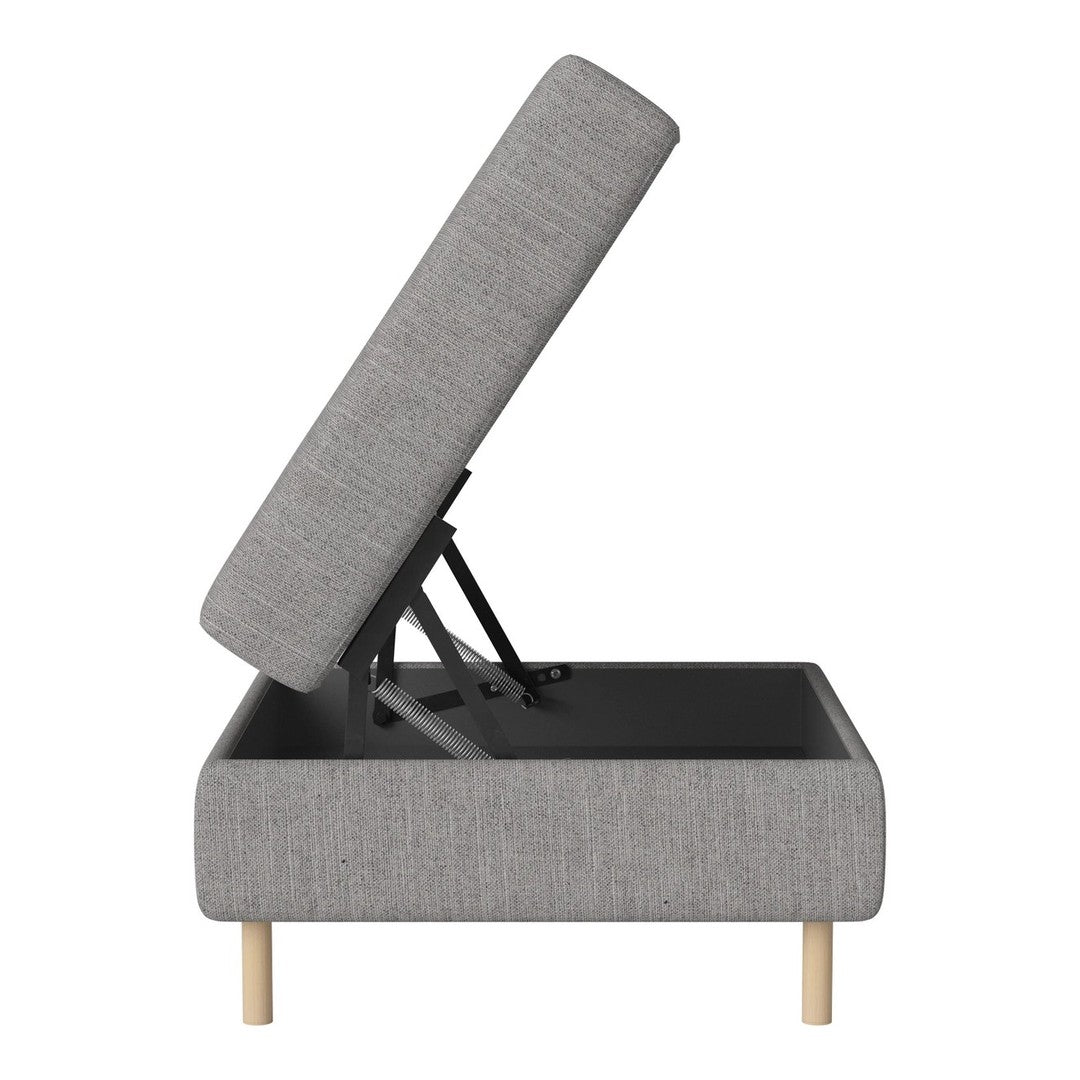 Gray upholstered storage ottoman with a smooth texture and natural wooden legs, featuring a minimalist design.