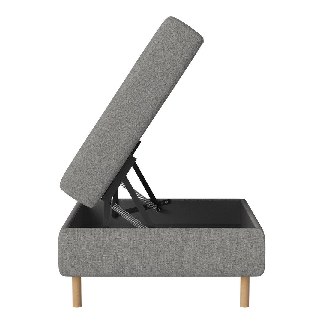 Gray fabric storage bed with a sleek design and natural wood legs, featuring a minimalist style and modern aesthetic.