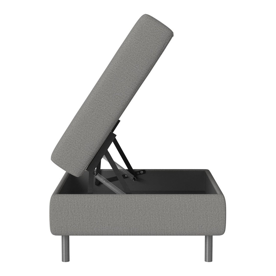 Gray upholstered storage bed with a clean, minimalist design and a textured fabric cover. Modern and functional style.