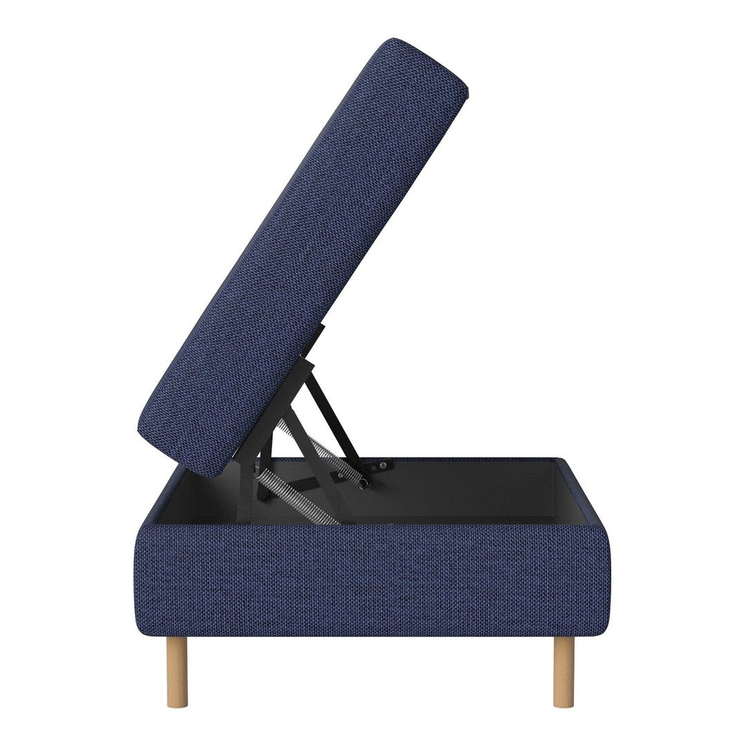 Navy blue upholstered storage ottoman with wood legs and a sleek, modern design. Ideal for functional decor.