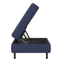 Navy blue upholstered storage ottoman with minimalist design and subtle texture, featuring a lift-top for easy access.