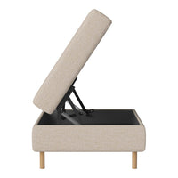 Beige upholstered storage bench with a textured fabric and light wooden legs, featuring a simple, modern design.