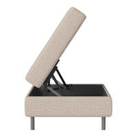 Beige upholstered storage ottoman with a minimalist design and sleek black interior, showcasing a clean, modern aesthetic.