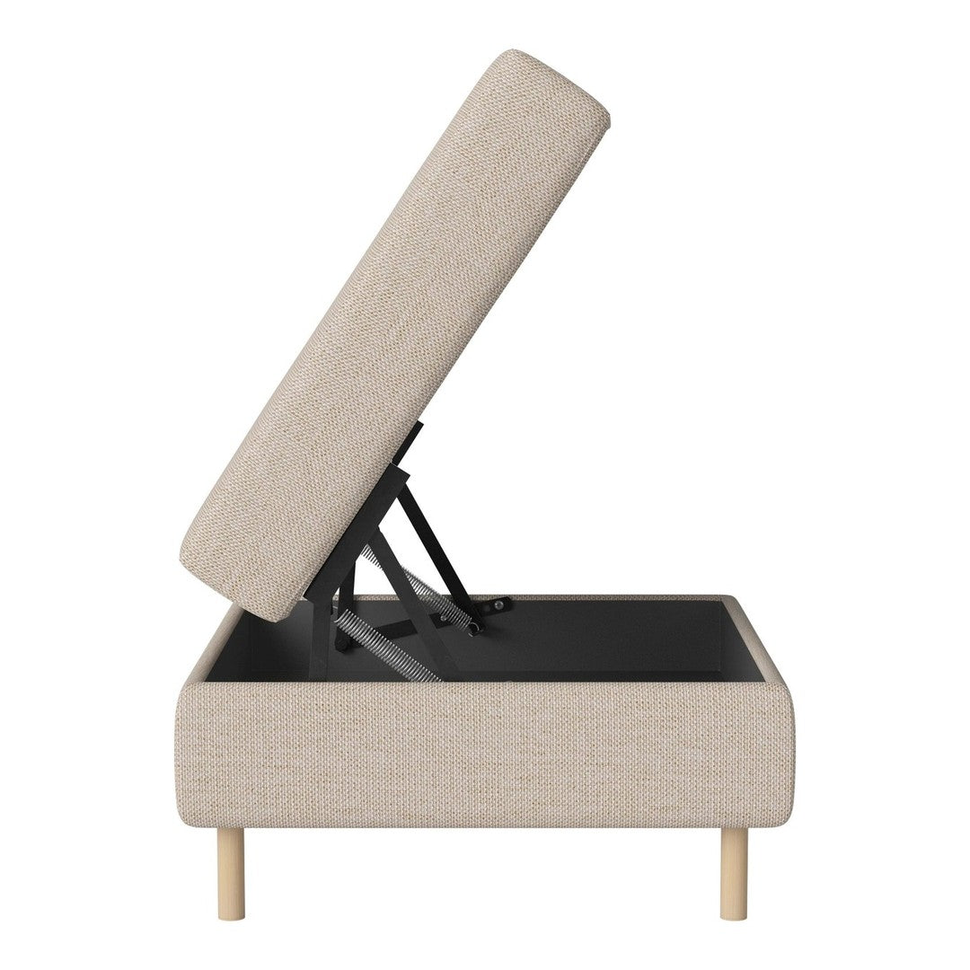 Beige upholstered ottoman with minimalist design, featuring a lift-top and natural wood legs.