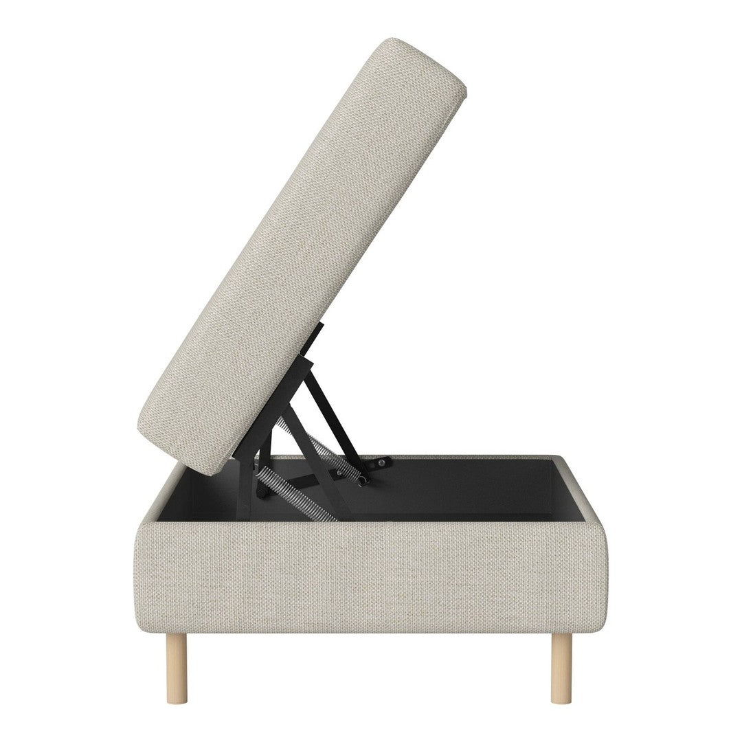 Light grey upholstered storage ottoman with a minimalist design and natural wooden legs, featuring a sleek, solid top.