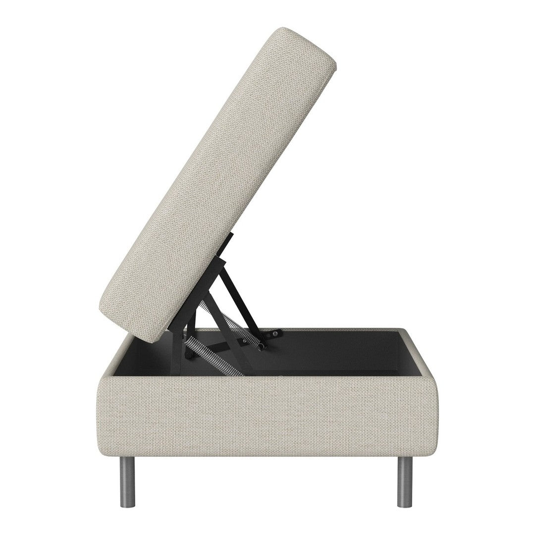 "Light beige storage ottoman with a textured fabric cover and sleek metal legs, featuring a lifting top design."